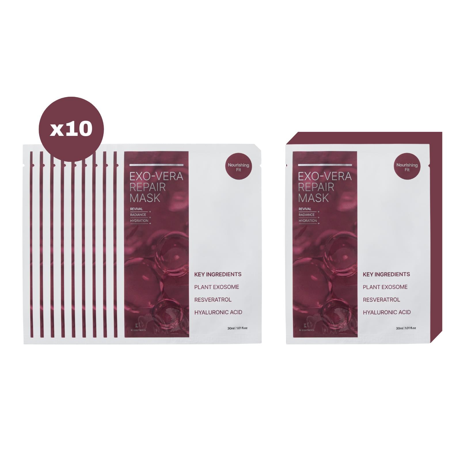 10 Pc KI Exosome Vera Repair Mask Revival Radiance Hydration Boost, Plant Exosome, Resveratrol, Hyaluronic Acid