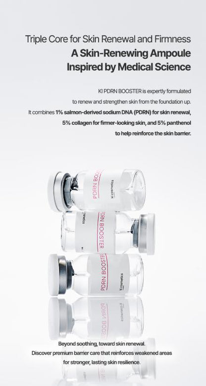 KI COSMETICS PDRN Booster Korean K-Beauty Repair Ampoule Serum, Salmon DNA & Collagen Facial Booster for Damaged Skin Barrier, Dryness, Fine Lines, Firm-Looking Skin, Hydrating Renewal Care, Glass Skin Glow, Smooth Radiant Finish